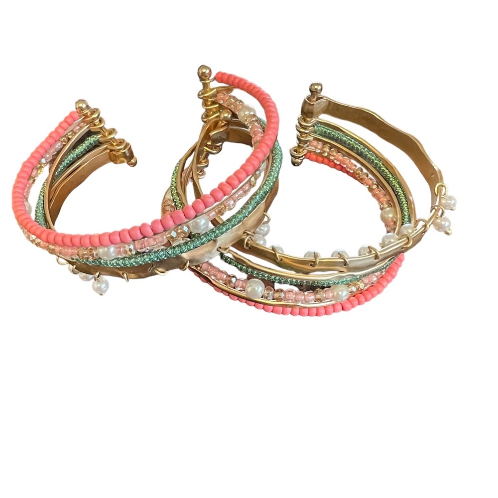Flexible size two pink teal on gold bracelet